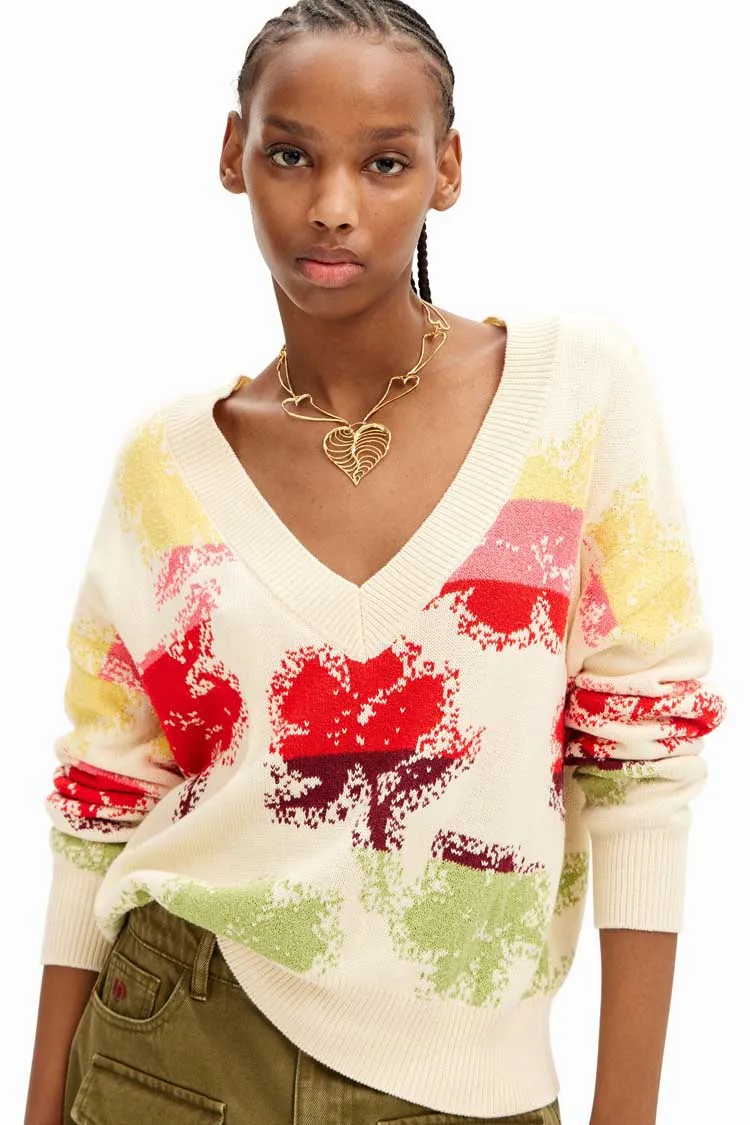 Oversize Floral V-neck Sweater