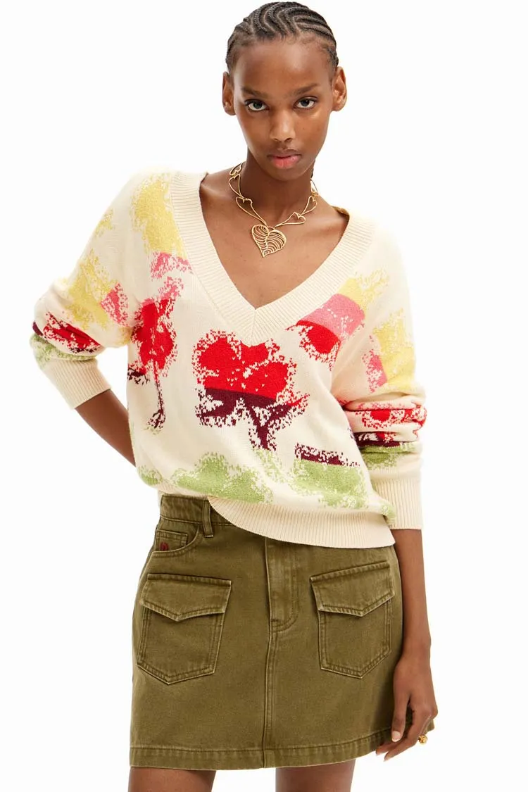 Oversize Floral V-neck Sweater