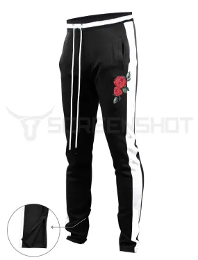 P11853-ROSE EMBROIDERY Slim Track Pants (BLACK/WH)
