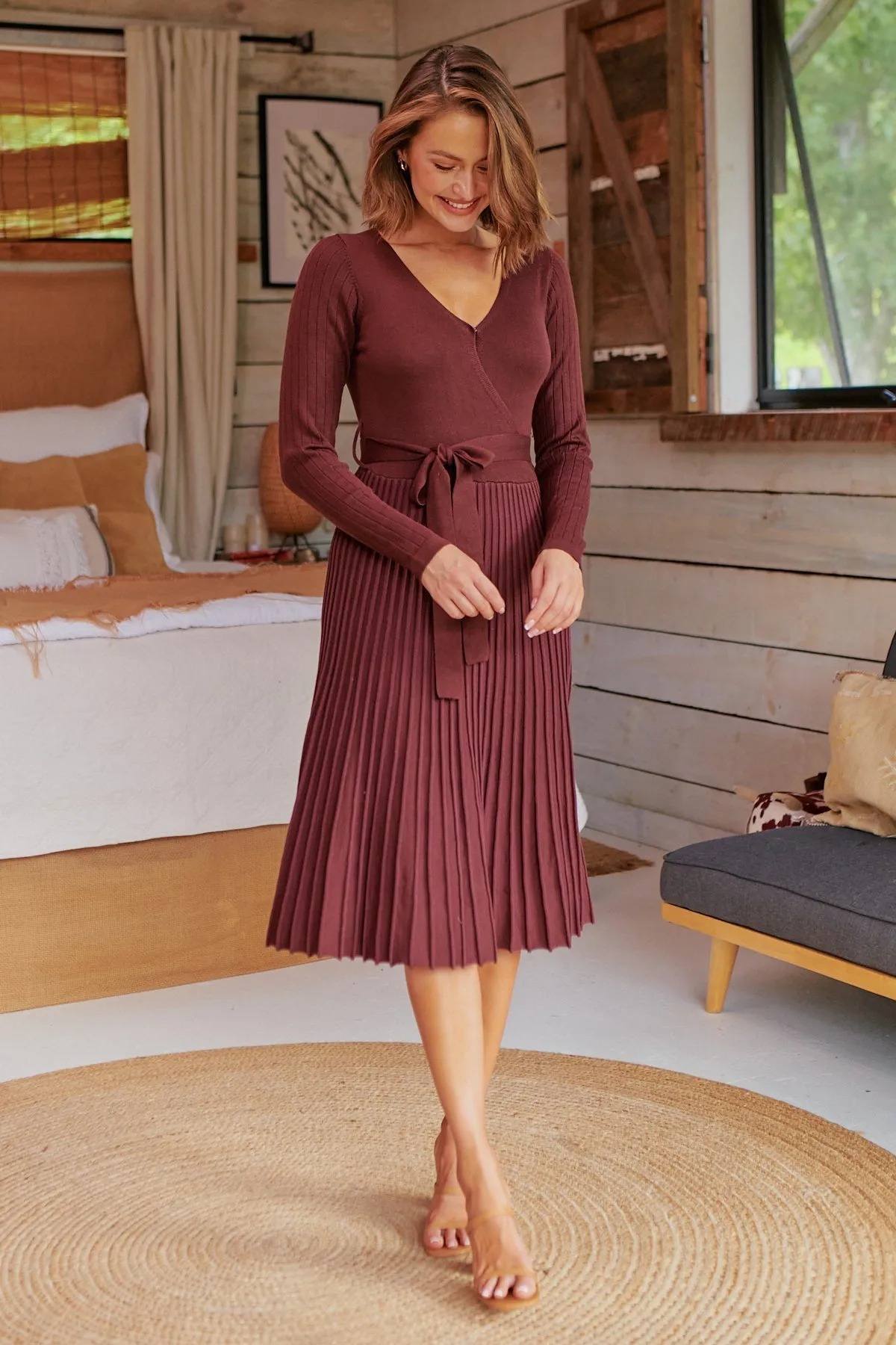 Parker Brown Long Sleeve Pleated Knit Midi Dress