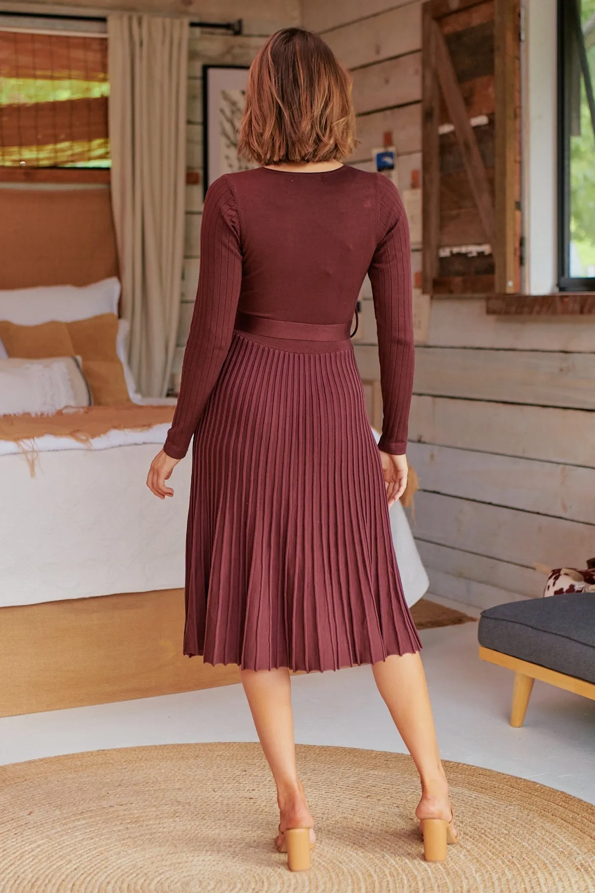 Parker Brown Long Sleeve Pleated Knit Midi Dress