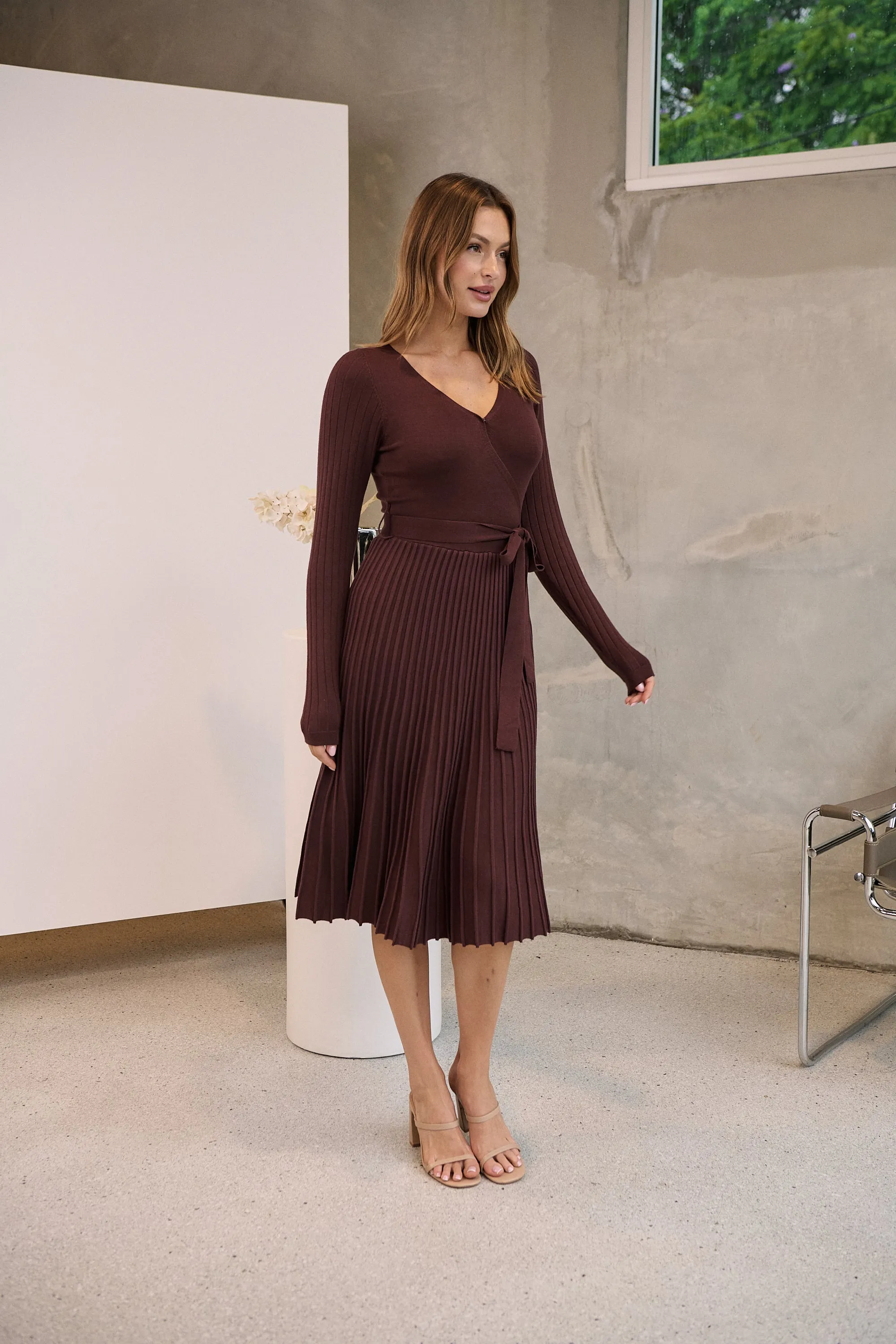 Parker Brown Long Sleeve Pleated Knit Midi Dress