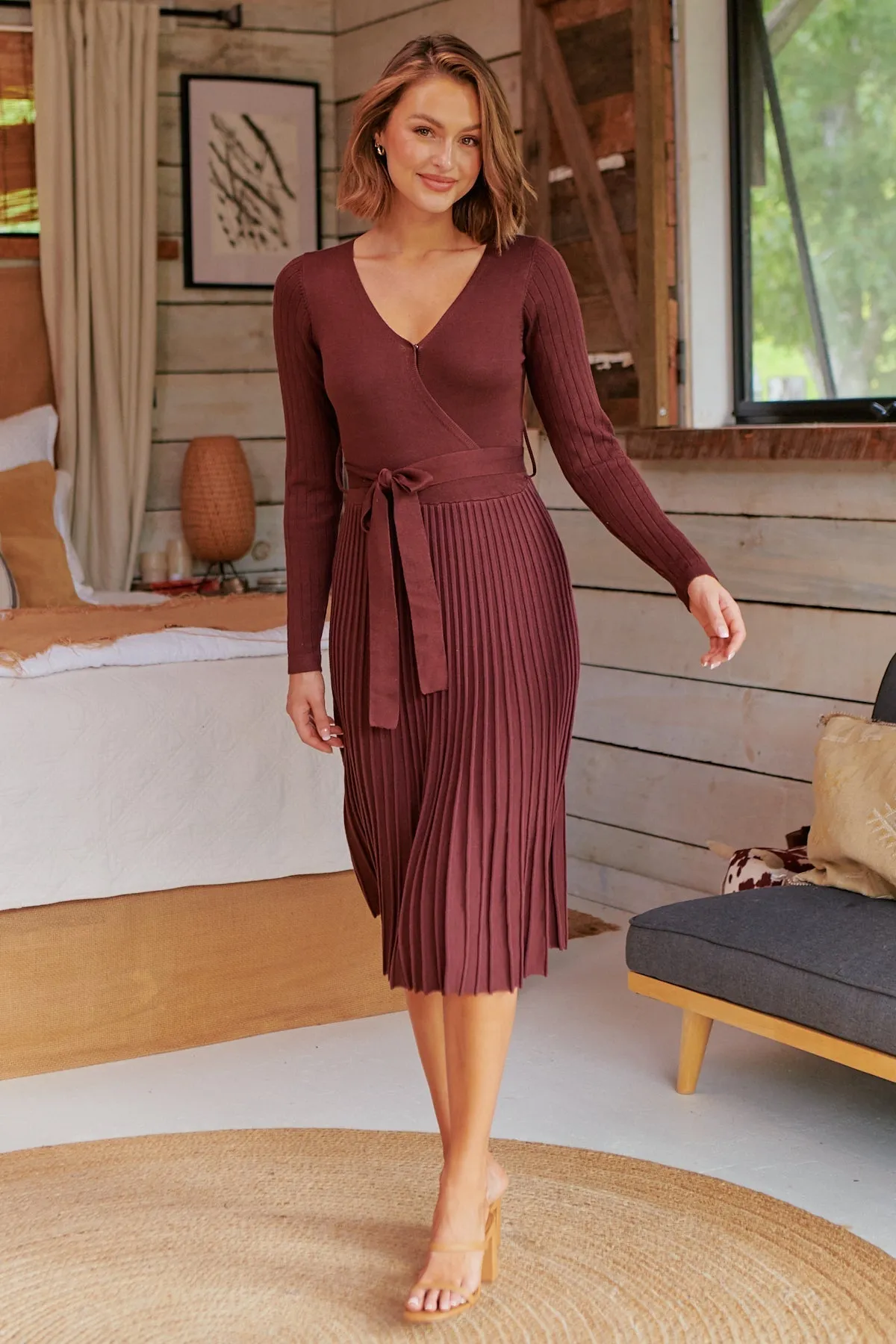 Parker Brown Long Sleeve Pleated Knit Midi Dress
