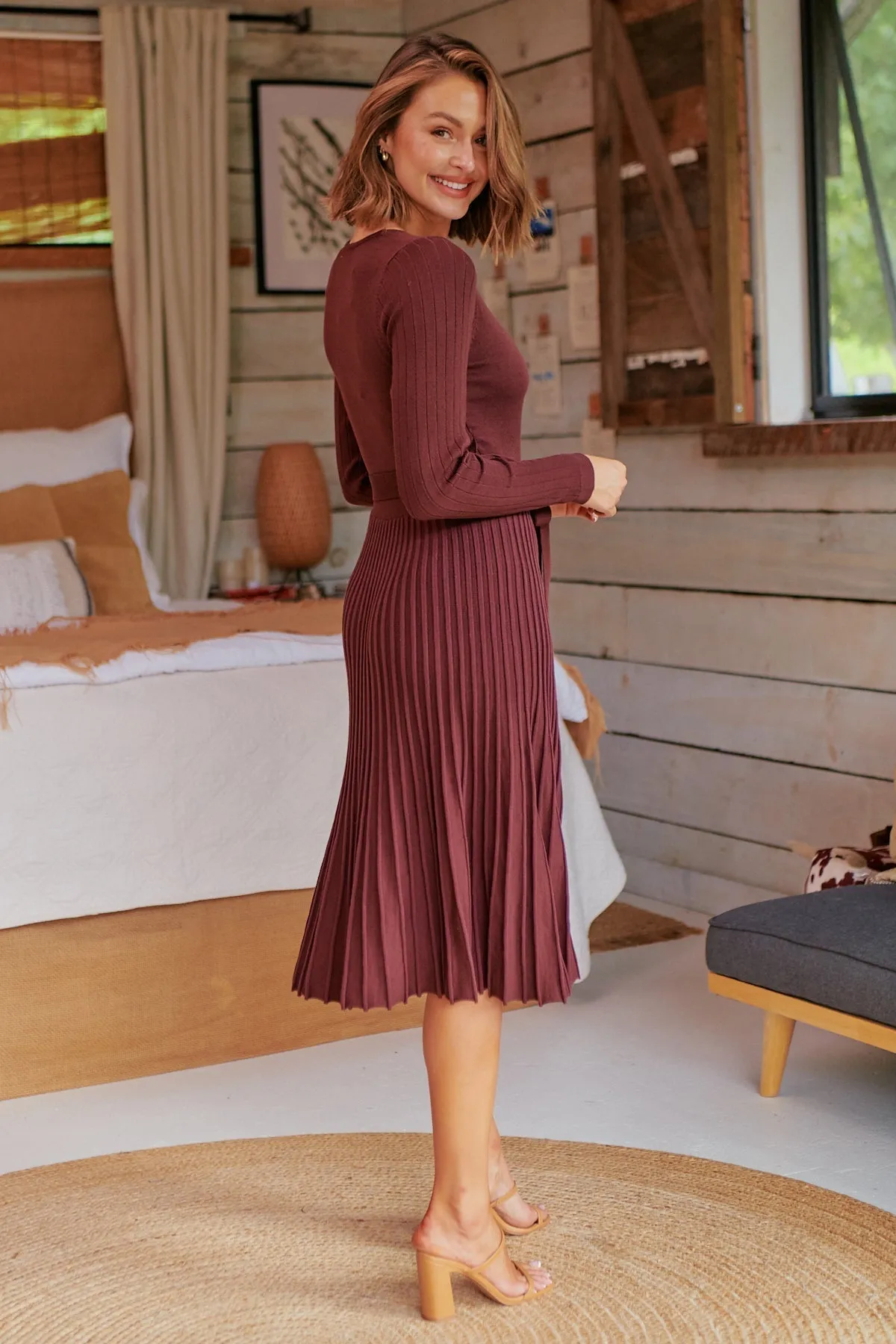 Parker Brown Long Sleeve Pleated Knit Midi Dress