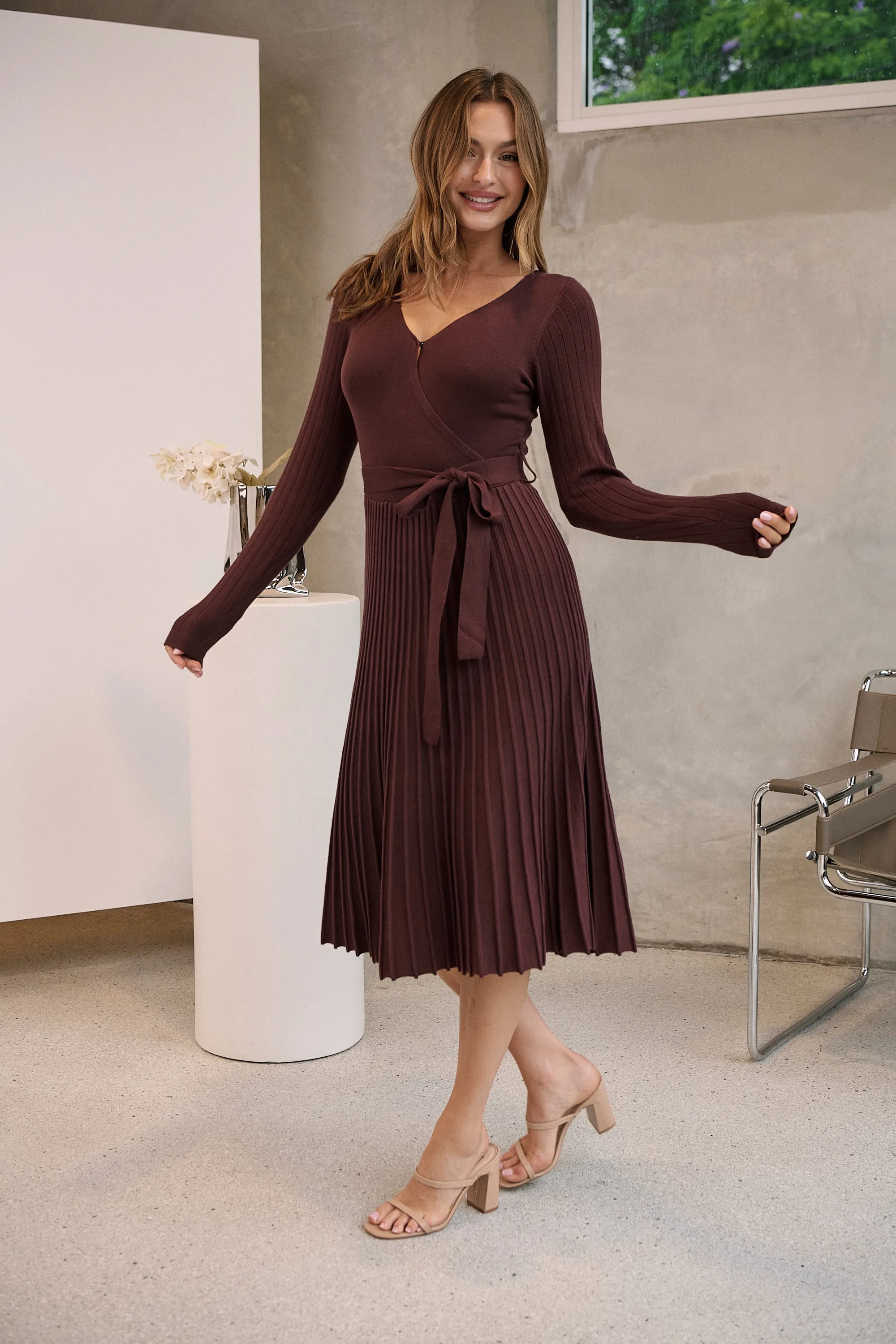 Parker Brown Long Sleeve Pleated Knit Midi Dress