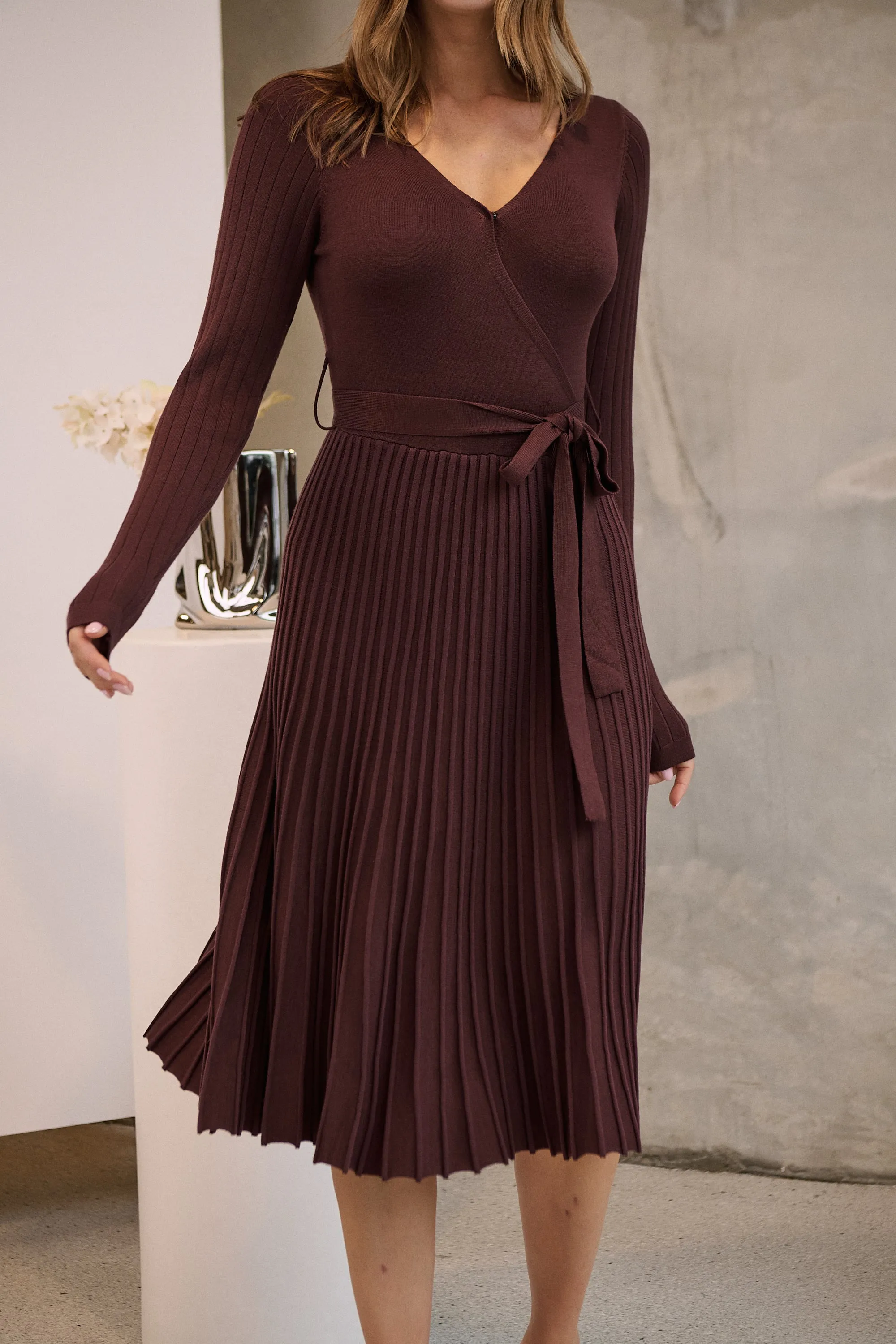 Parker Brown Long Sleeve Pleated Knit Midi Dress