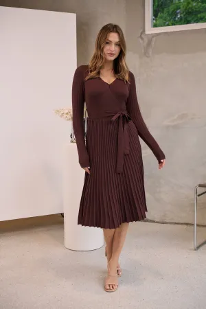 Parker Brown Long Sleeve Pleated Knit Midi Dress
