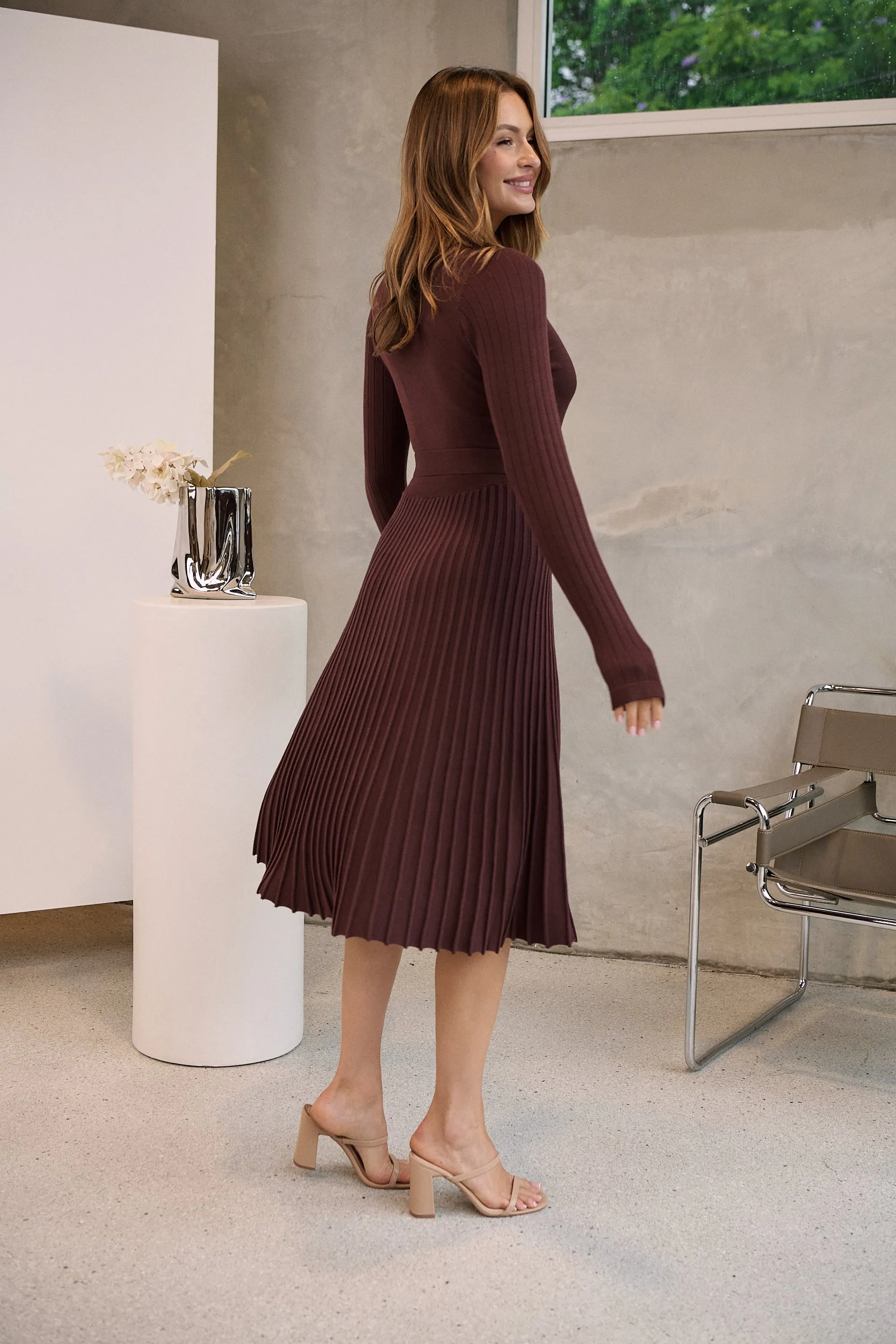 Parker Brown Long Sleeve Pleated Knit Midi Dress