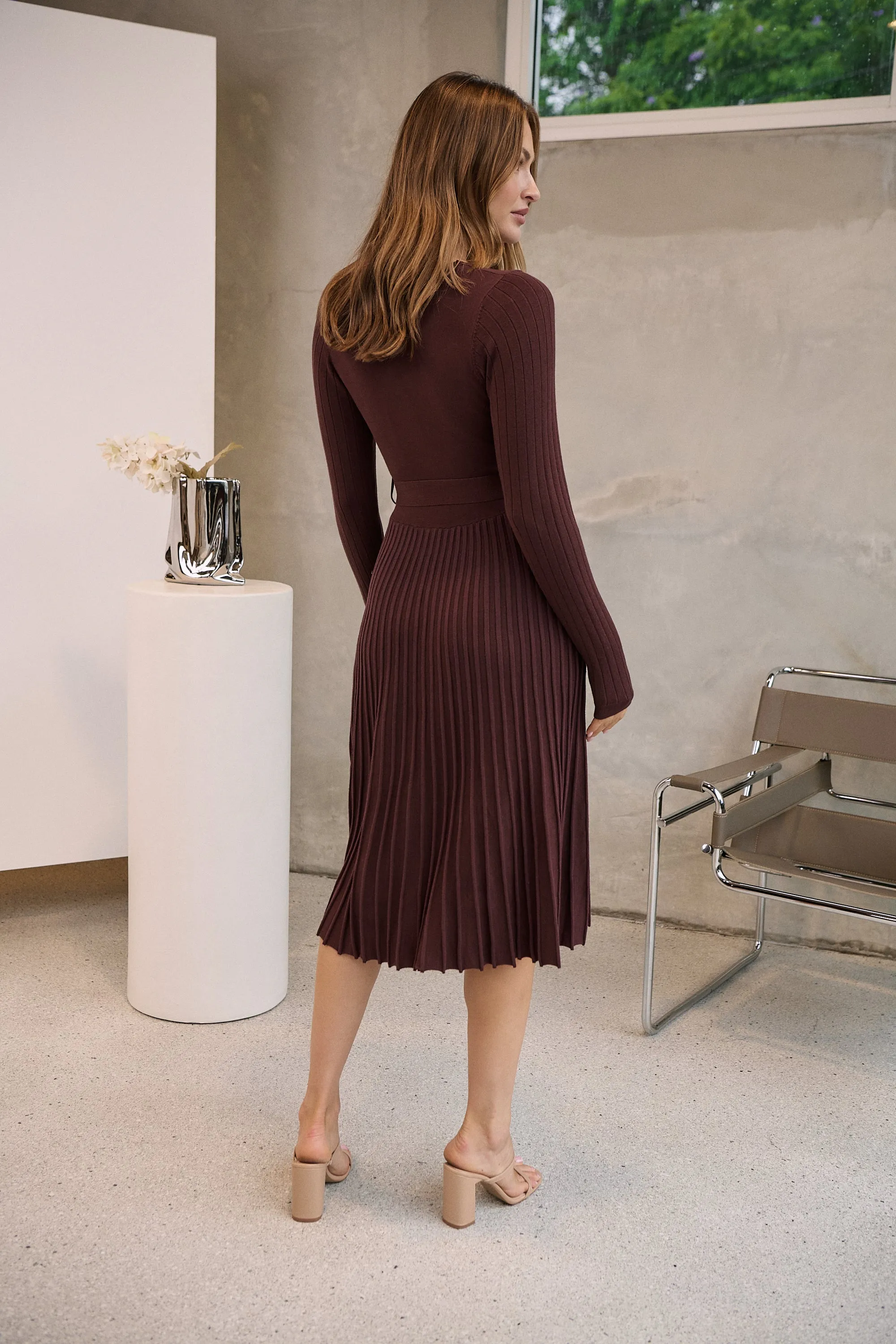 Parker Brown Long Sleeve Pleated Knit Midi Dress