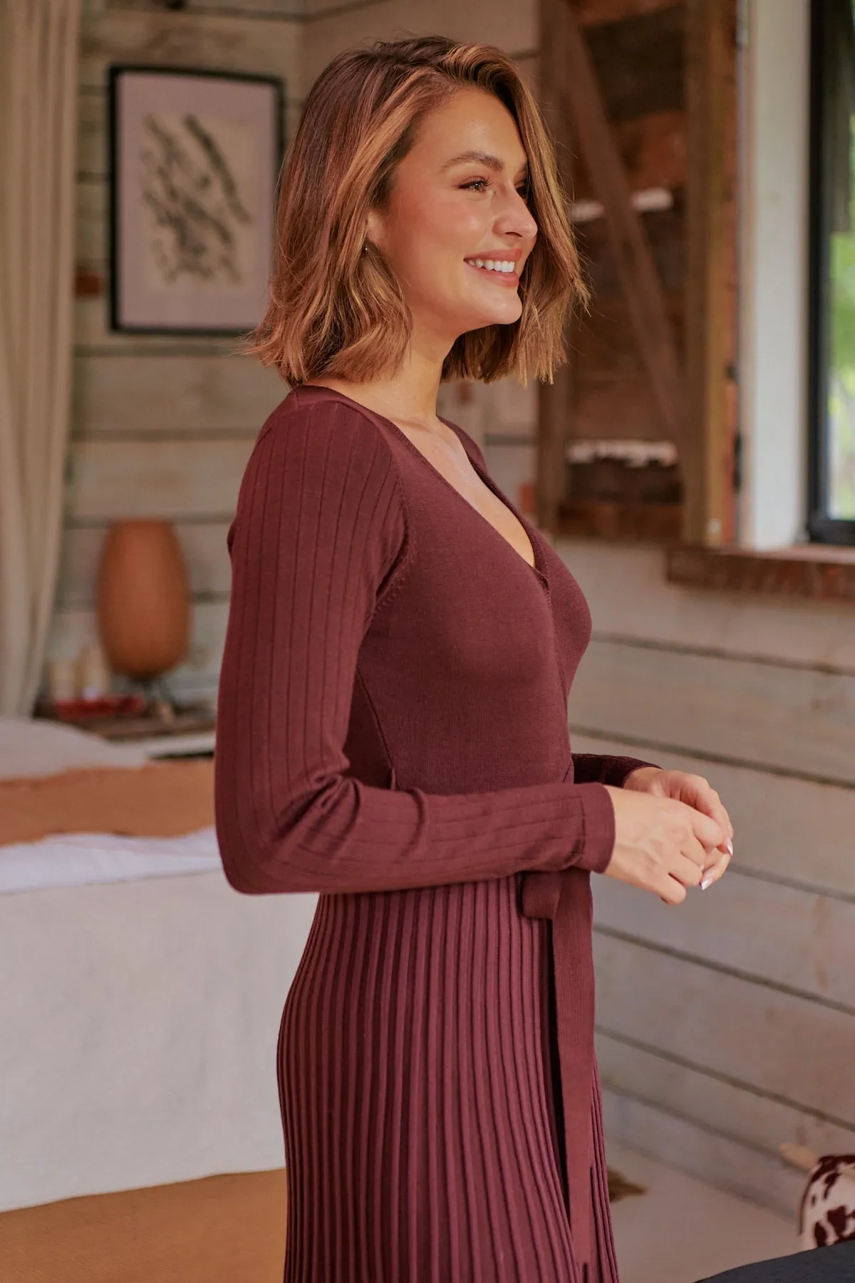 Parker Brown Long Sleeve Pleated Knit Midi Dress