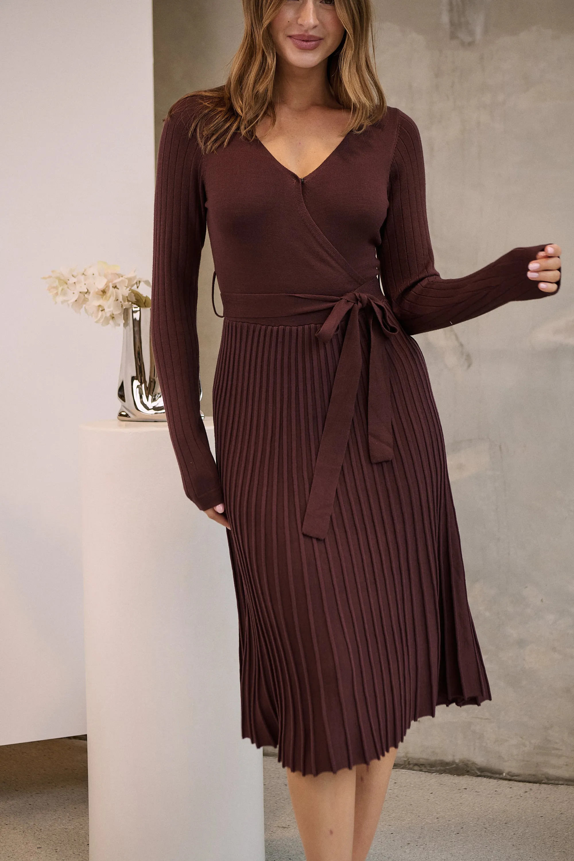 Parker Brown Long Sleeve Pleated Knit Midi Dress
