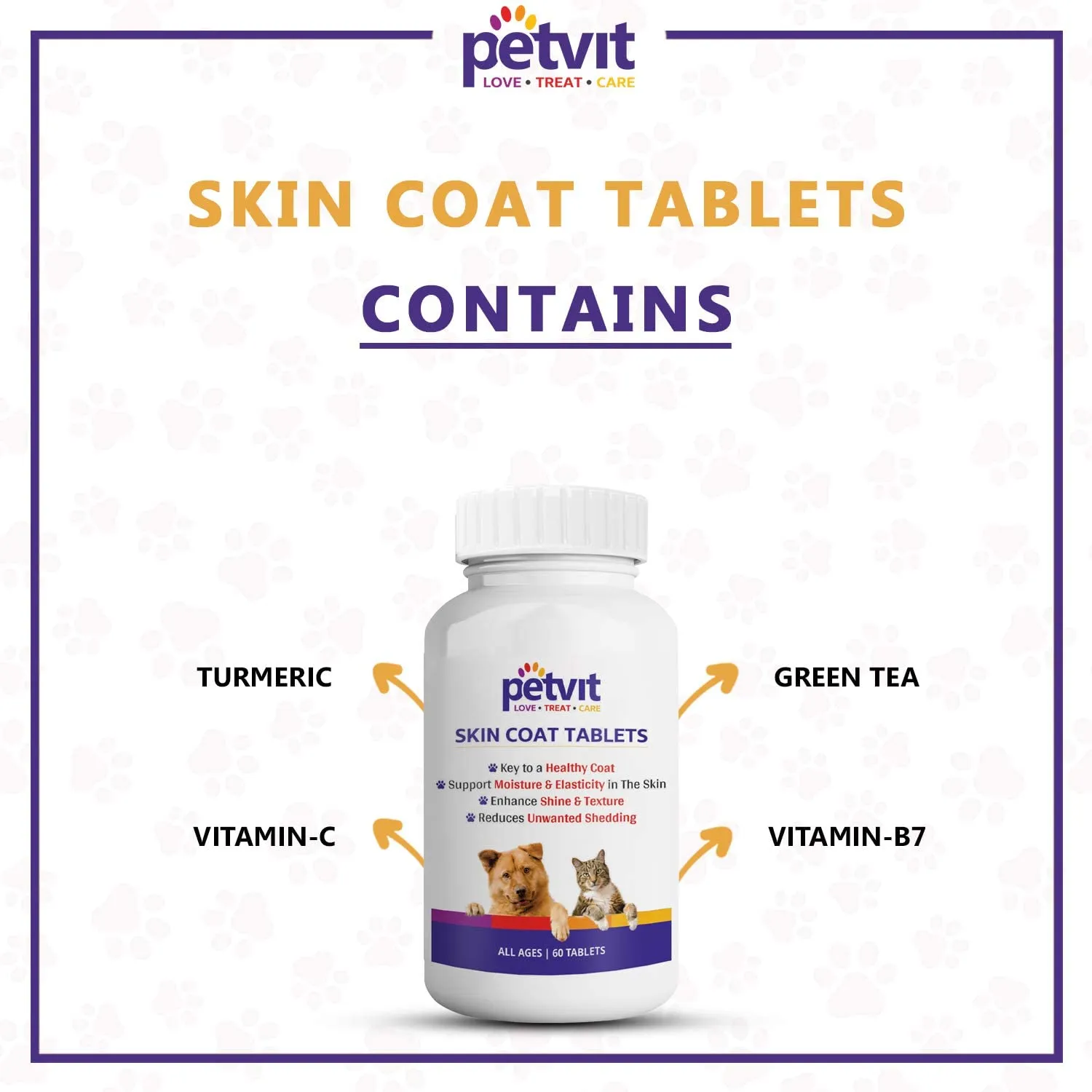 Petvit Dog Skin and Coat Supplement Tablets | Dog Hair Loss Treatment - Added Turmeric & Essential Vitamins | Supports Healthy Skin & Shiny Coat | 60 Tablets