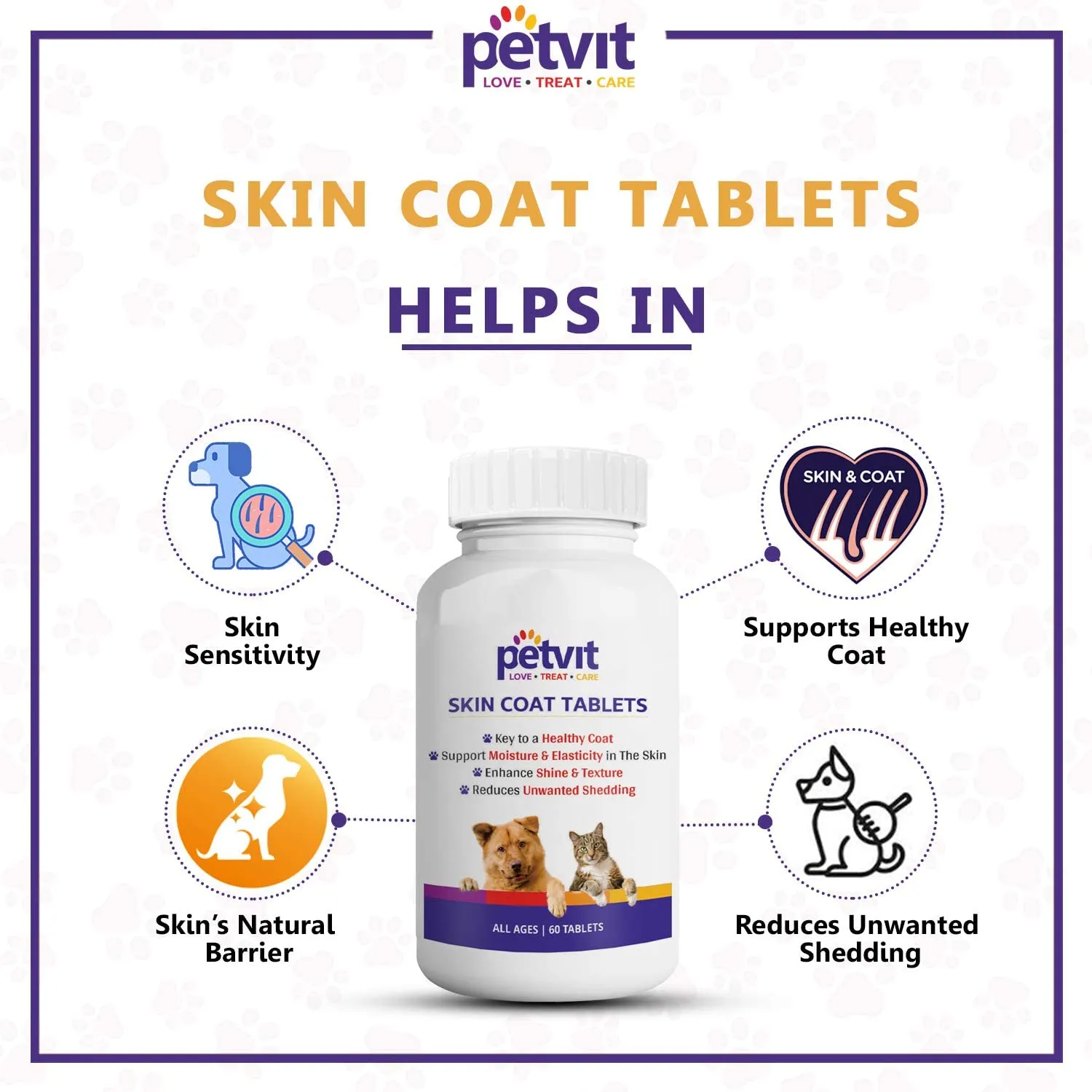 Petvit Dog Skin and Coat Supplement Tablets | Dog Hair Loss Treatment - Added Turmeric & Essential Vitamins | Supports Healthy Skin & Shiny Coat | 60 Tablets