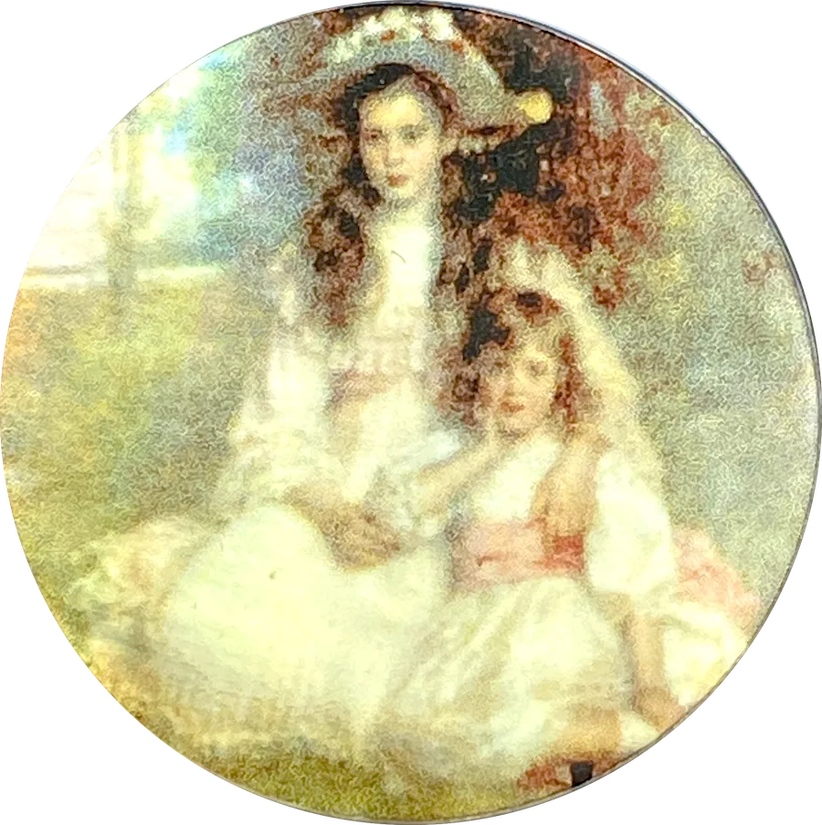 Portrait of Sisters on Mother of Pearl Button by Susan Clarke, 1-3/8"  #1572