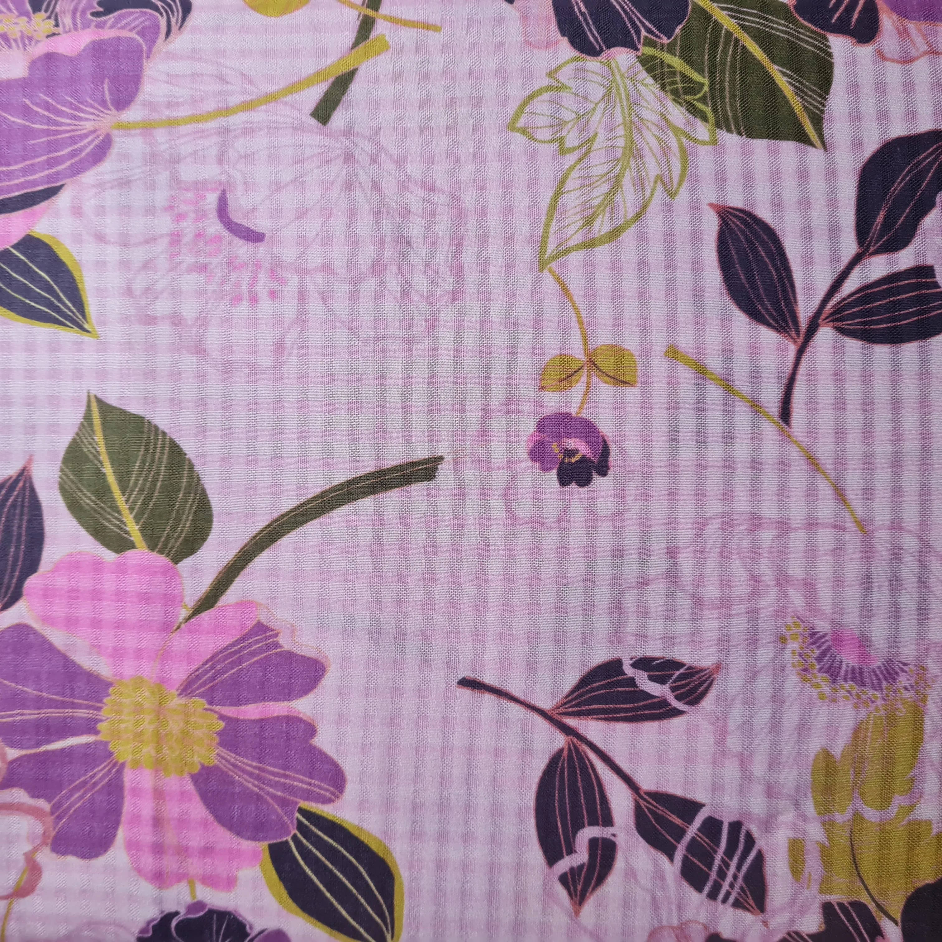 Premium Purple Floral Print Cotton Checks Fabric