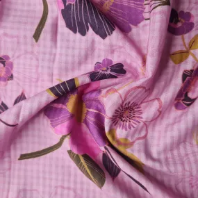 Premium Purple Floral Print Cotton Checks Fabric