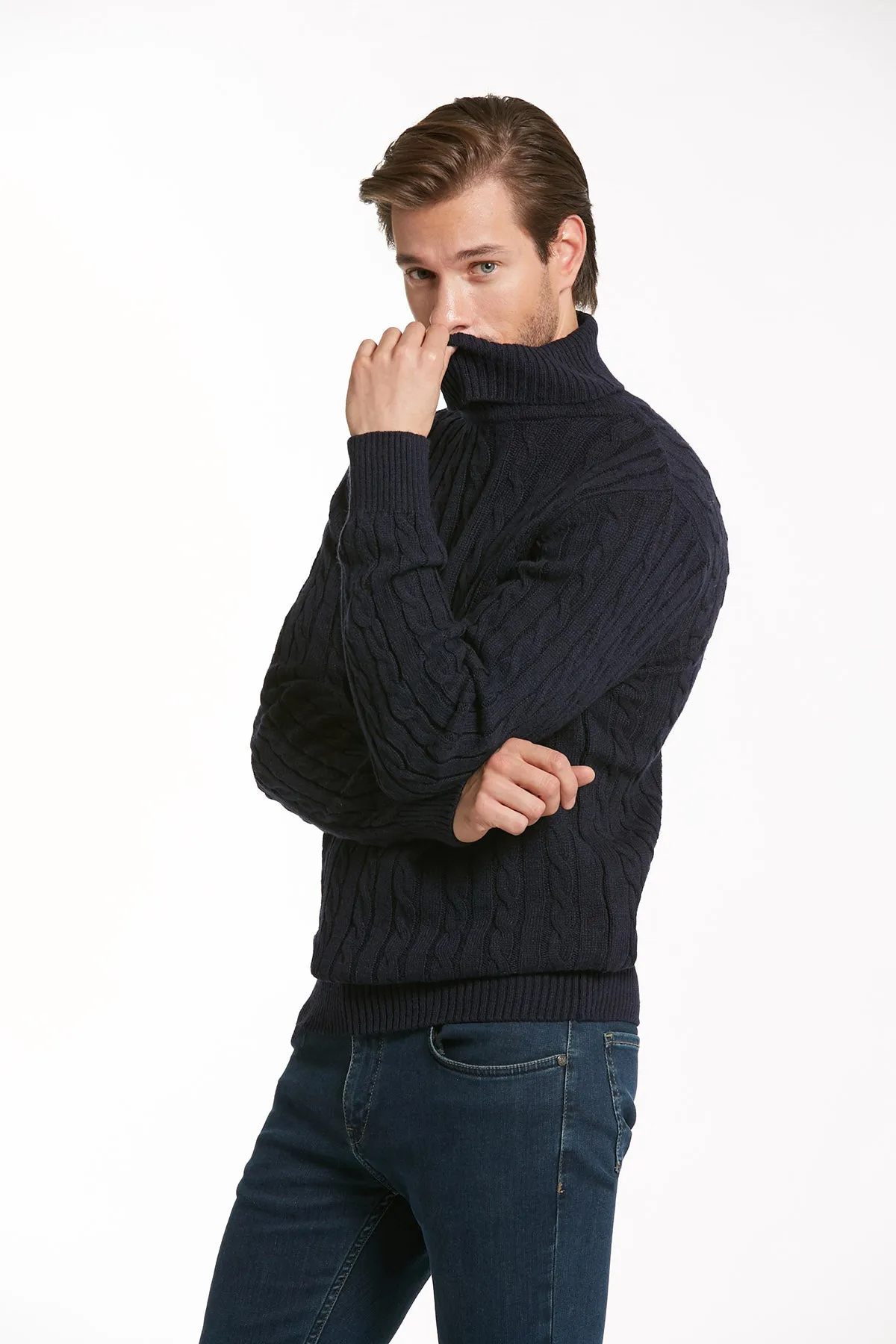 Regular Fit Navy Wool Blend Turtleneck Sweater