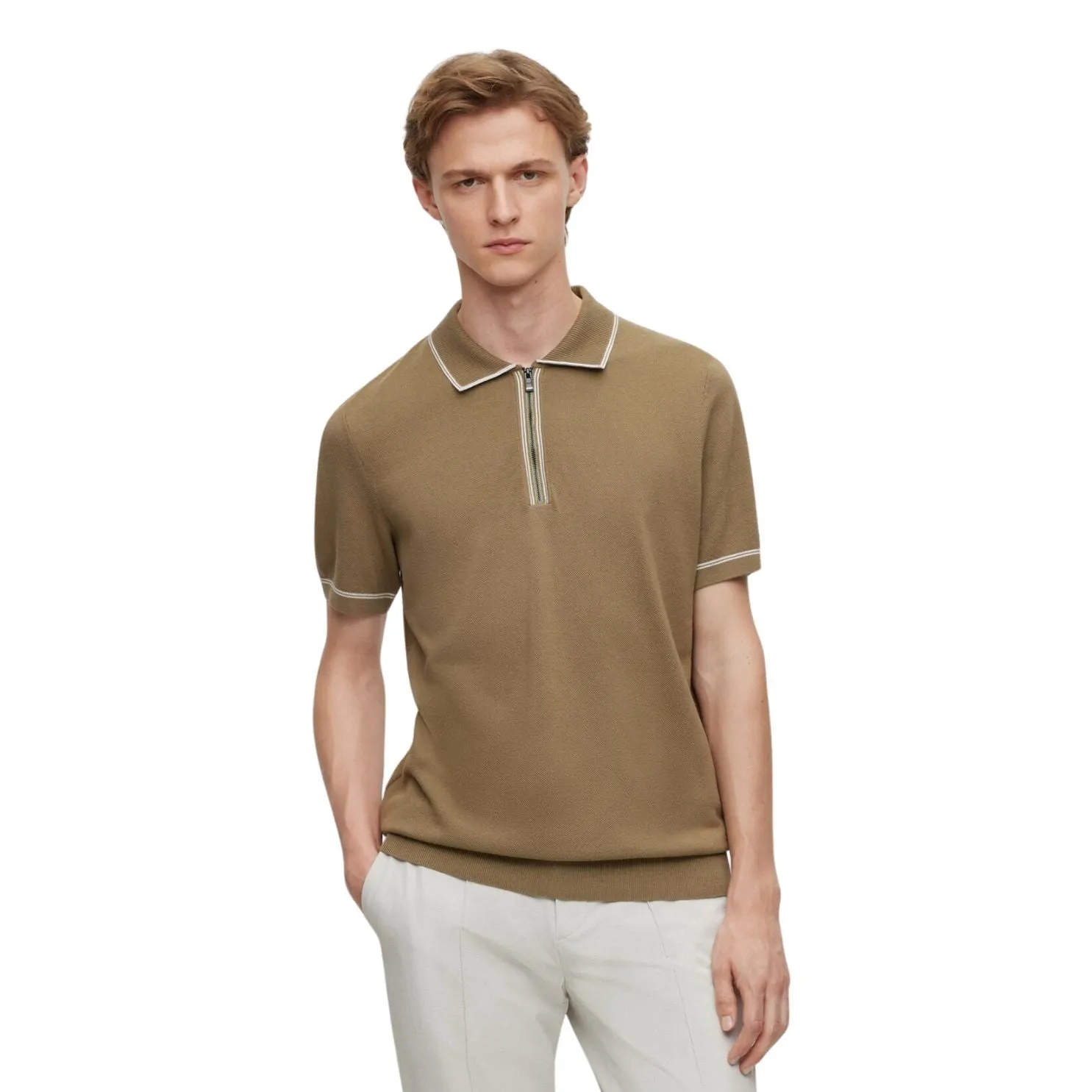 Regular Fit Polo Sweater with Zip Placket- 50495396