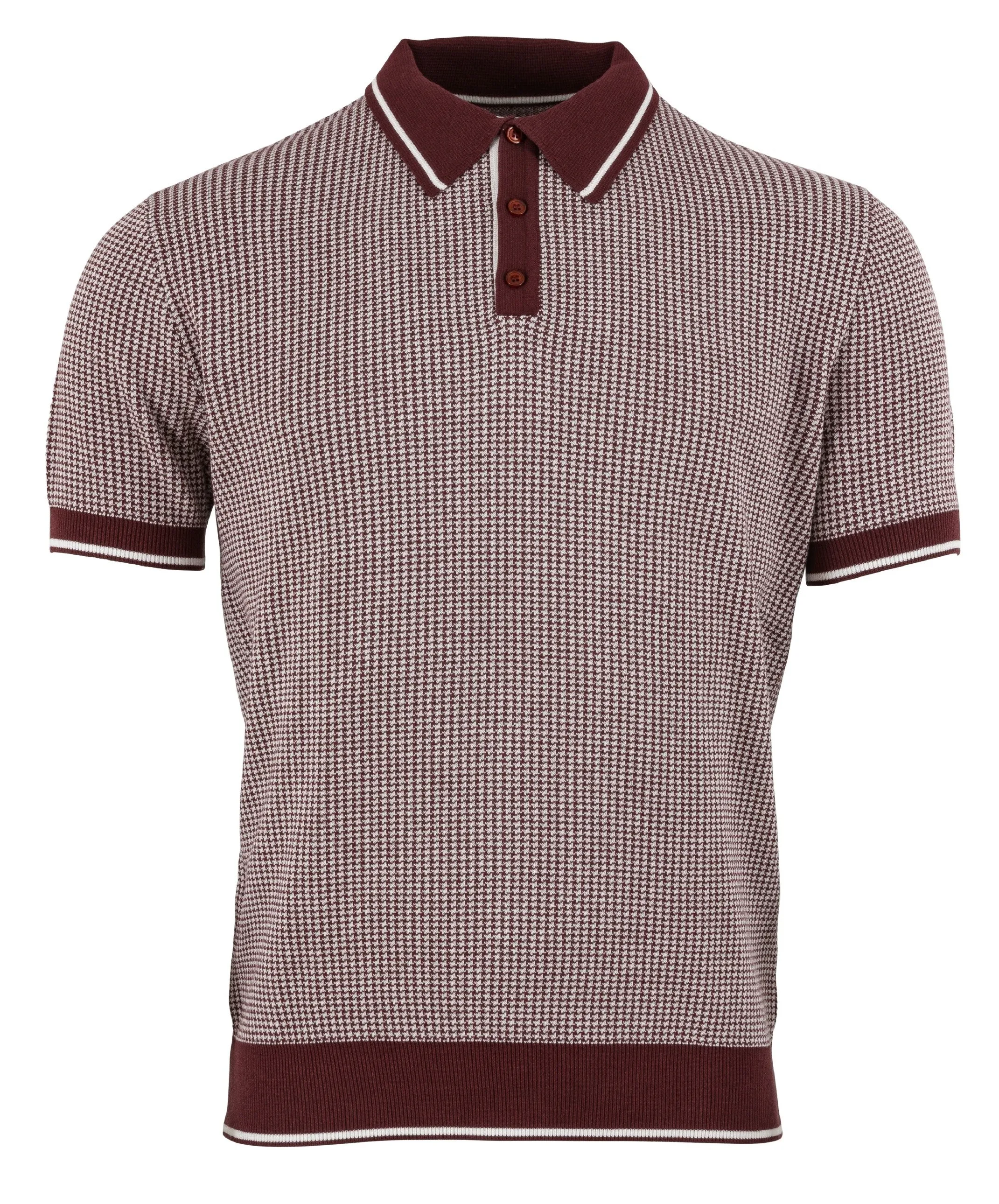 Relco Mens Burgundy/ Off White Retro Jacquard Dogtooth Knitted Polo Shirts