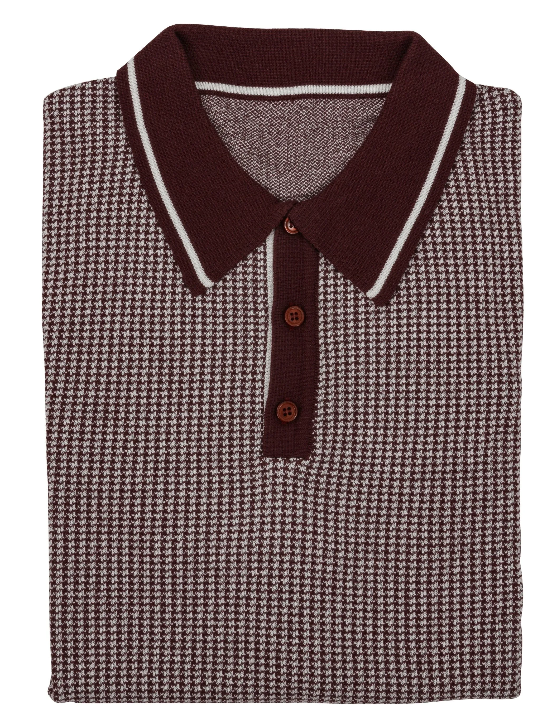 Relco Mens Burgundy/ Off White Retro Jacquard Dogtooth Knitted Polo Shirts