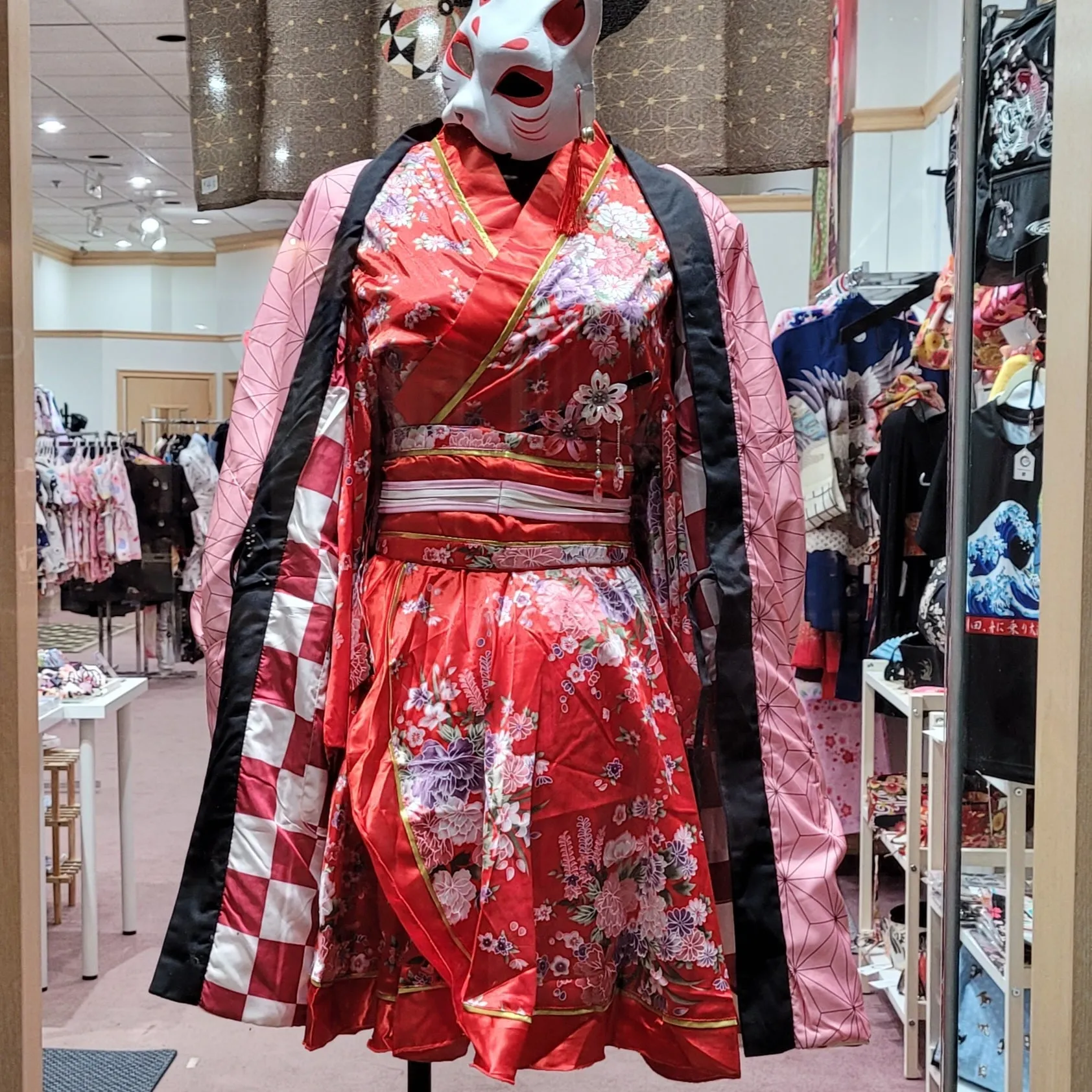 Reversible Traditional Japanese Warm Hanten Coat - Nezuko style Demon Slayer print