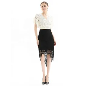 S075-2 Women floral lace asymmetric scallop hem midi party skirt