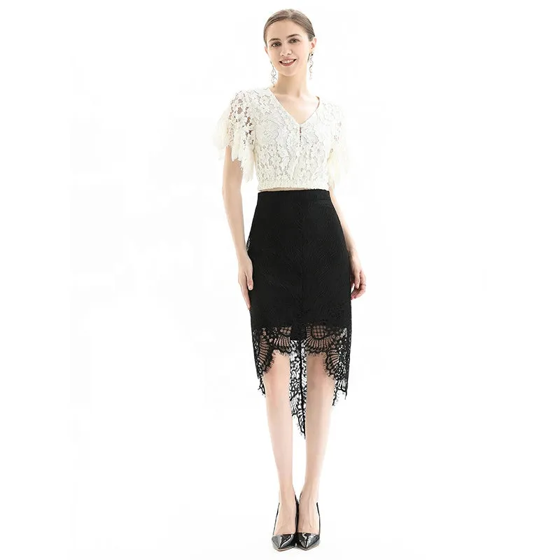 S075-2 Women floral lace asymmetric scallop hem midi party skirt