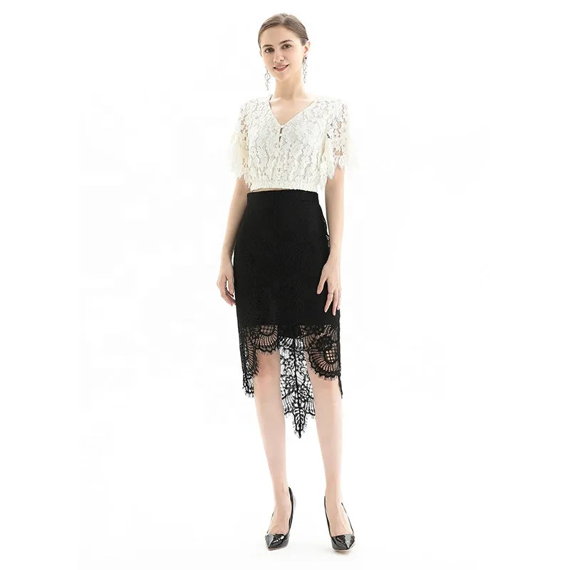 S075-2 Women floral lace asymmetric scallop hem midi party skirt