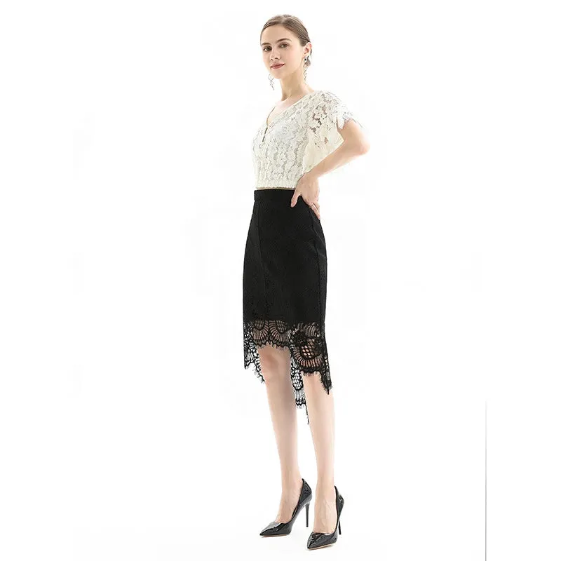 S075-2 Women floral lace asymmetric scallop hem midi party skirt