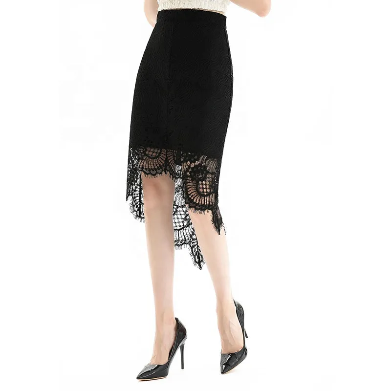 S075-2 Women floral lace asymmetric scallop hem midi party skirt