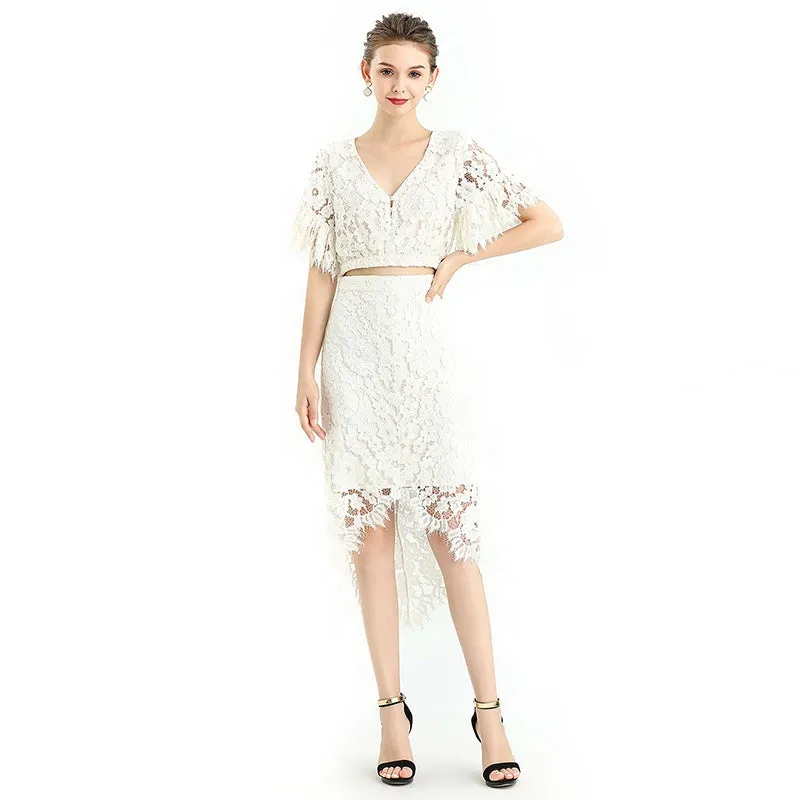 S075 Women floral lace asymmetric scallop hem midi party skirt