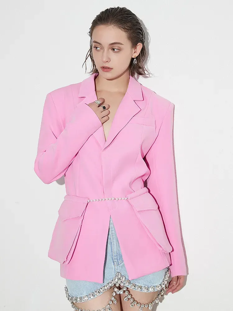 Solid Patchwork Pearls Lace Up Casual Blazers For Women Notched Collar Long Sleeve Spliced Pocket Blazer Female
