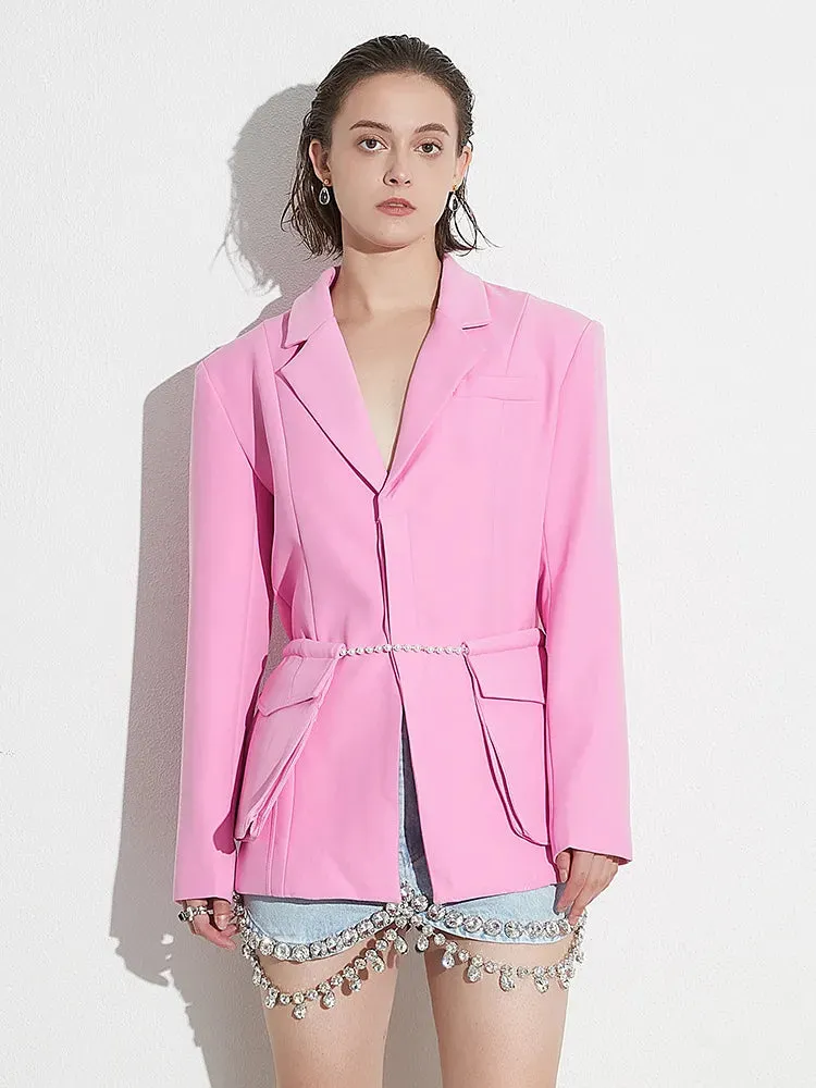 Solid Patchwork Pearls Lace Up Casual Blazers For Women Notched Collar Long Sleeve Spliced Pocket Blazer Female
