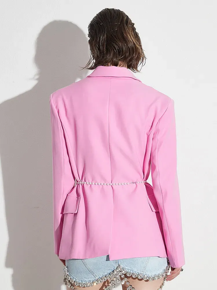 Solid Patchwork Pearls Lace Up Casual Blazers For Women Notched Collar Long Sleeve Spliced Pocket Blazer Female