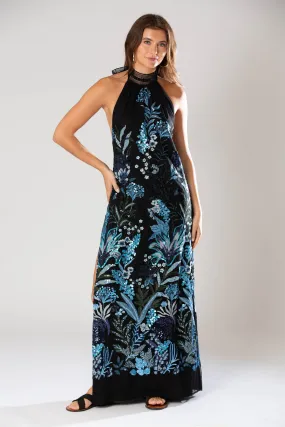 Stella Sequin Halter Open-Back Dress by Miguelina