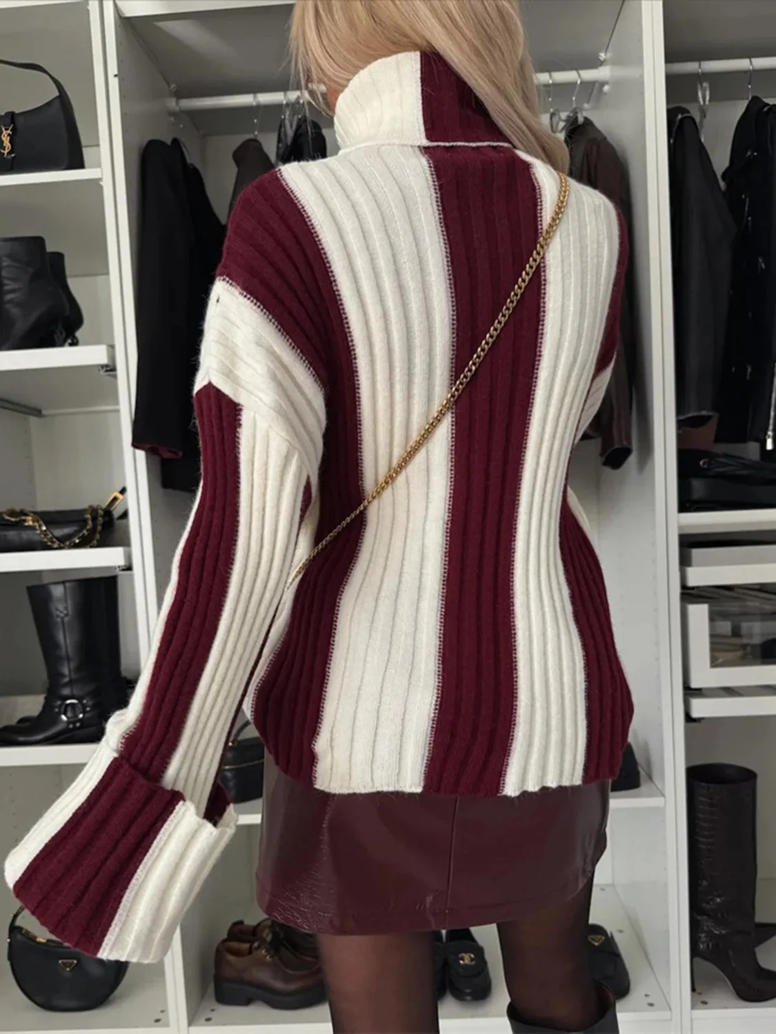 TEEK - Striped Turtleneck Dropped Shoulder Sweater
