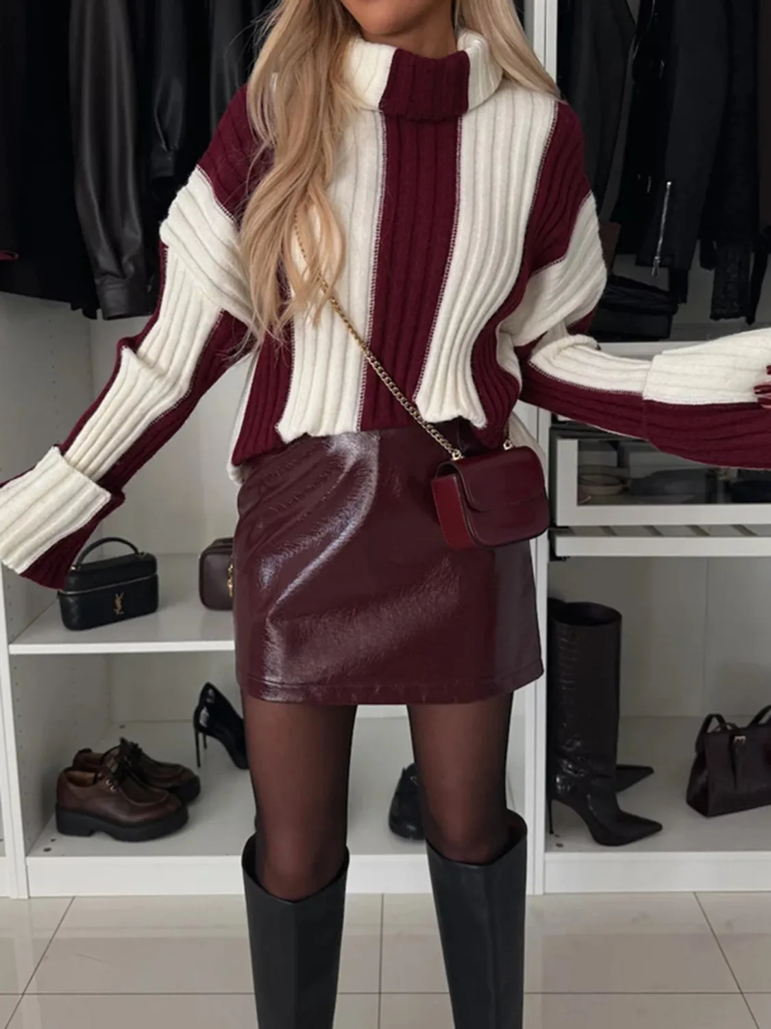 TEEK - Striped Turtleneck Dropped Shoulder Sweater
