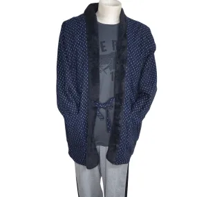 Traditional Japanese Hanten coat (unisex) - boa fleece lined Navy white lines