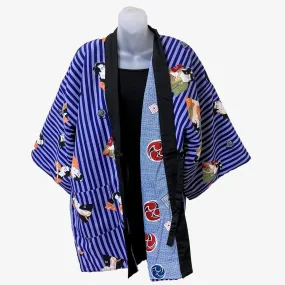 Traditional Japanese reversible Hanten coat (unisex) - Stripe kabuki print in blue