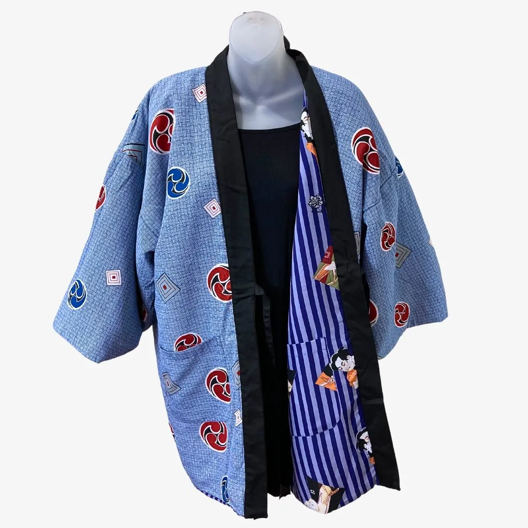 Traditional Japanese reversible Hanten coat (unisex) - Stripe kabuki print in blue
