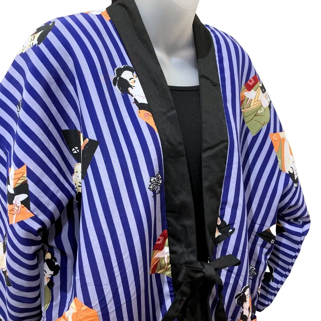 Traditional Japanese reversible Hanten coat (unisex) - Stripe kabuki print in blue