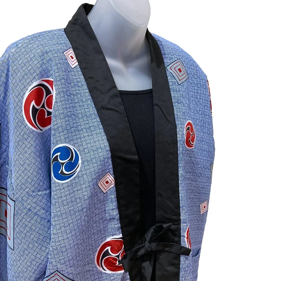Traditional Japanese reversible Hanten coat (unisex) - Stripe kabuki print in blue