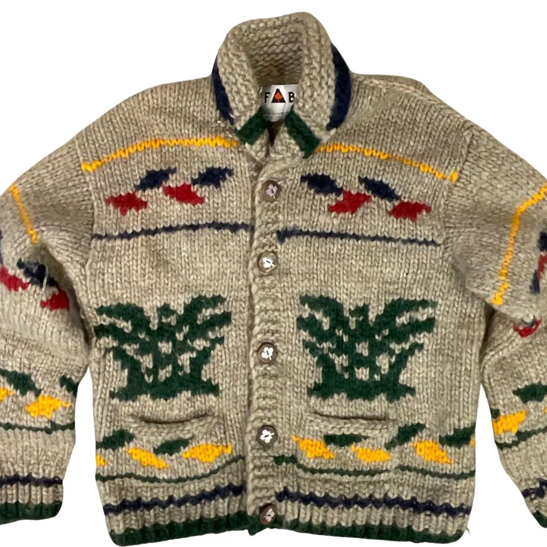 VINTAGE 1950s STYLE MENS NATIVE COWICHAN GRAPHIC KNIT ROCKABILLY CARDIGAN L 41”