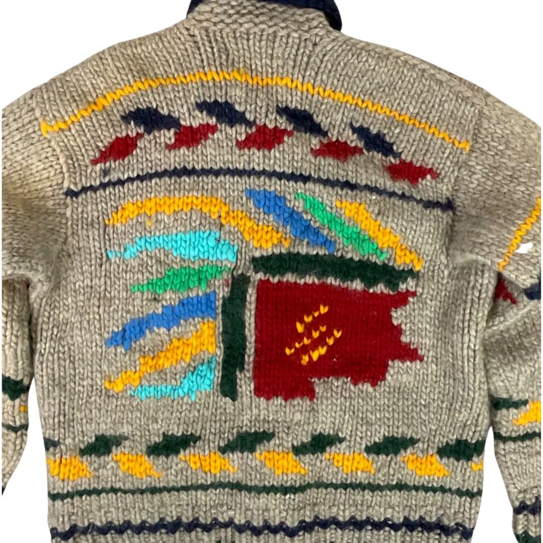 VINTAGE 1950s STYLE MENS NATIVE COWICHAN GRAPHIC KNIT ROCKABILLY CARDIGAN L 41”