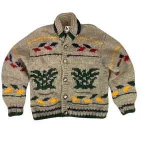VINTAGE 1950s STYLE MENS NATIVE COWICHAN GRAPHIC KNIT ROCKABILLY CARDIGAN L 41”
