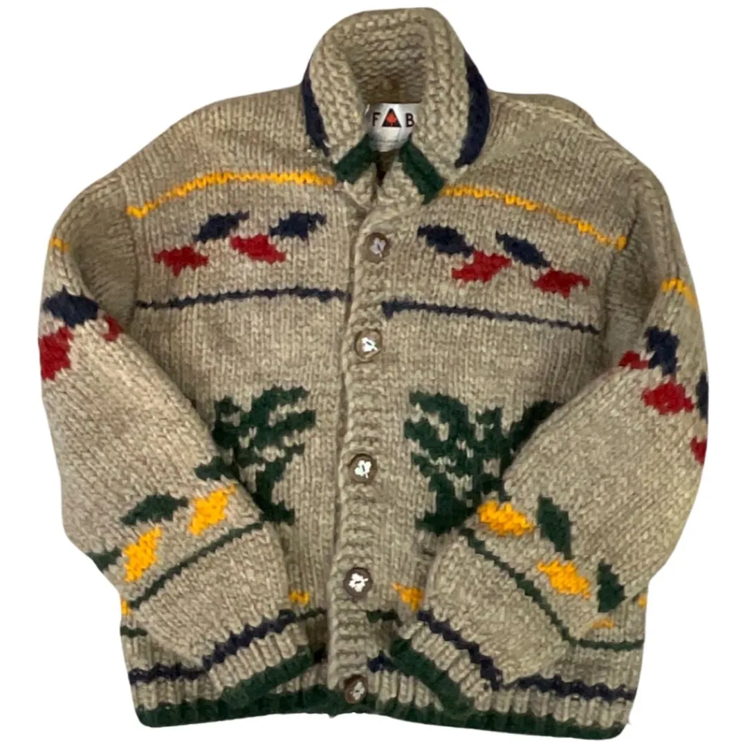 VINTAGE 1950s STYLE MENS NATIVE COWICHAN GRAPHIC KNIT ROCKABILLY CARDIGAN L 41”