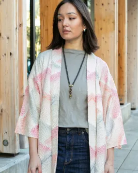 Vintage Haori Jacket, Full Shibori, Pale Blue with Abstract Orange Triangles