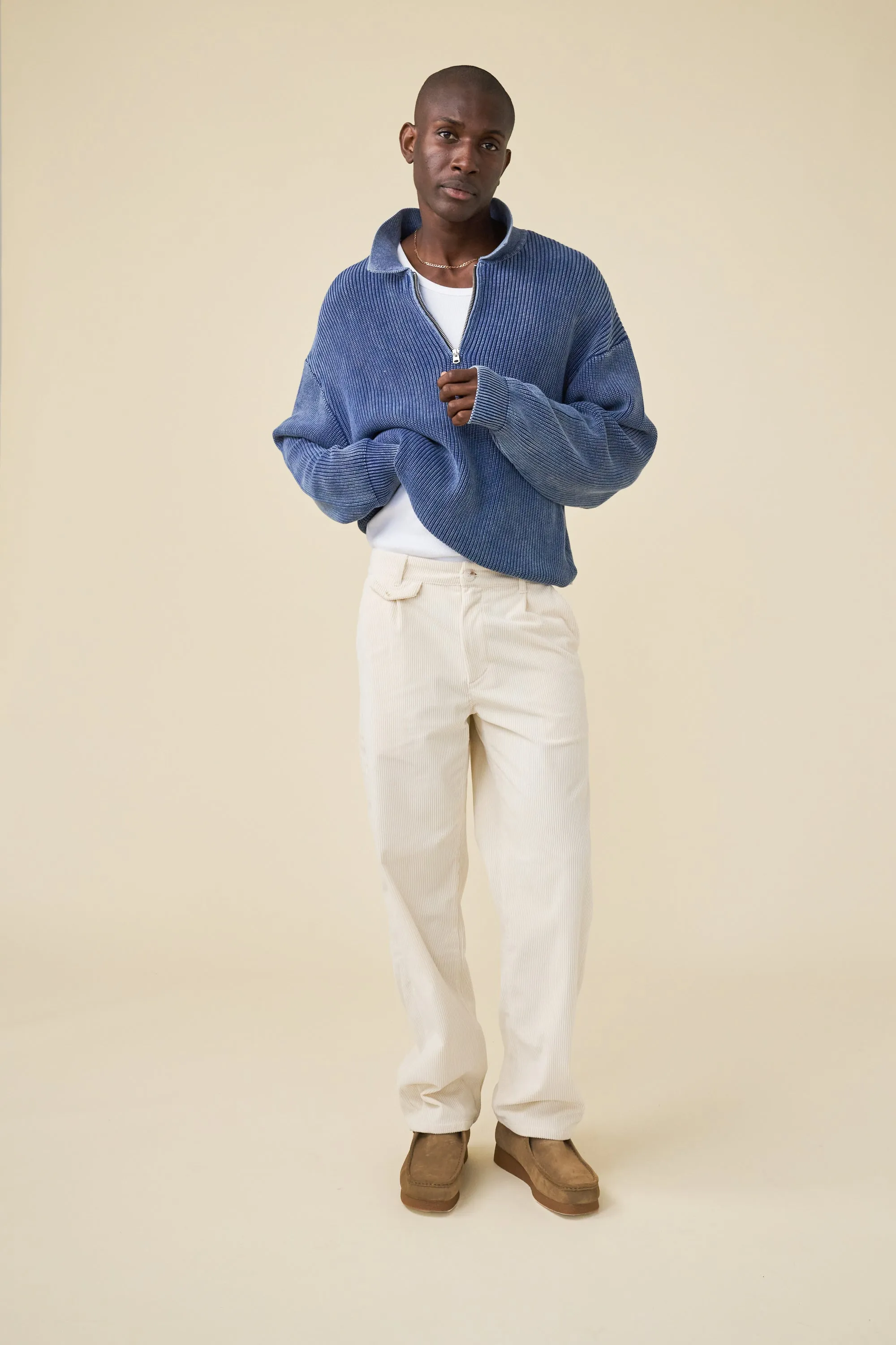 WIDE LEG CORDUROY TROUSER - LIGHT CREAM