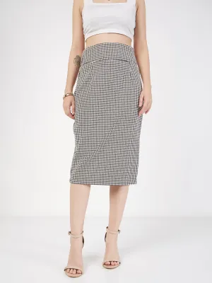 Women Black Houndstooth Jacquard Tweed Pencil Skirt