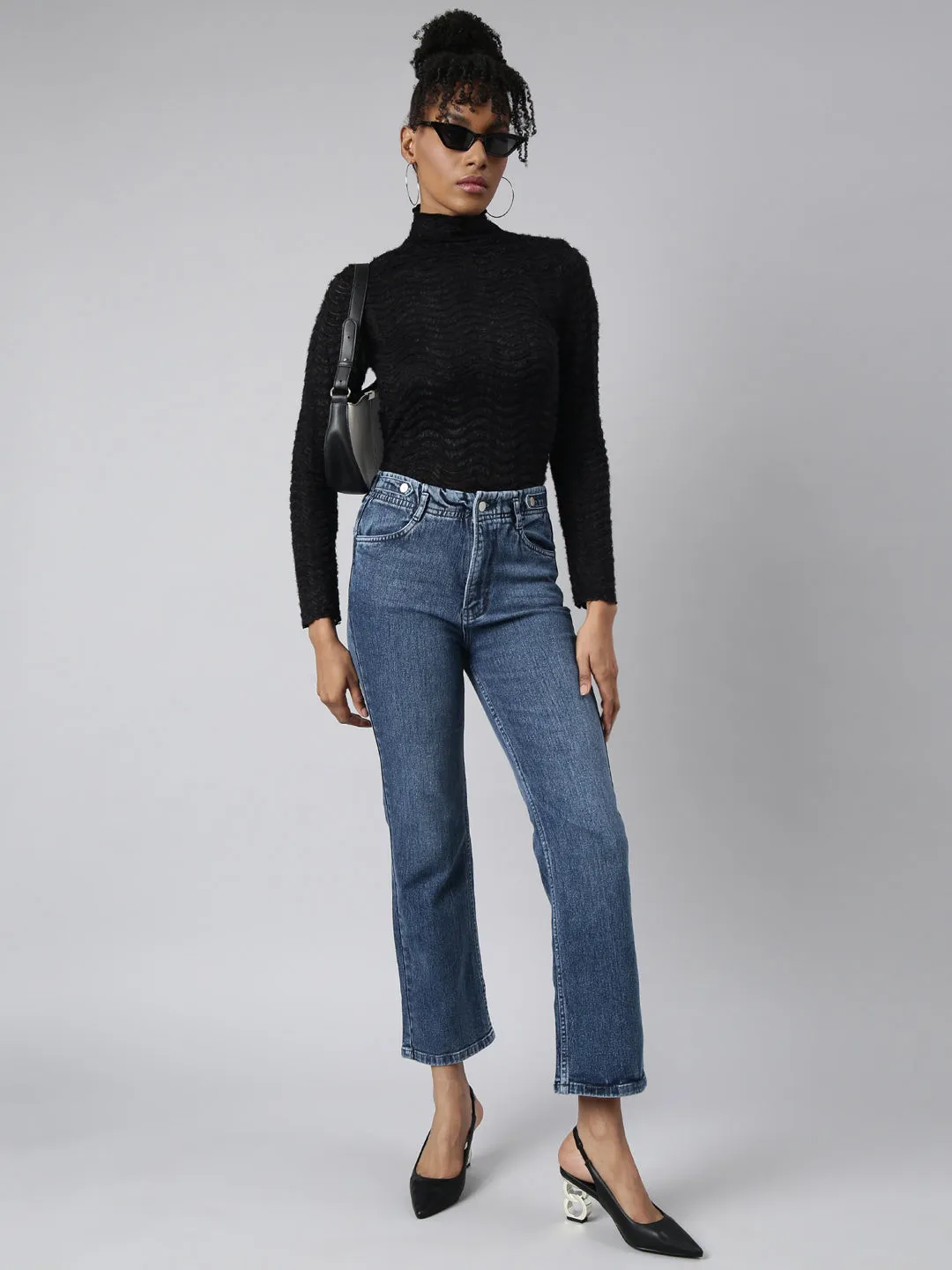 Women Black Self Design Fitted Top